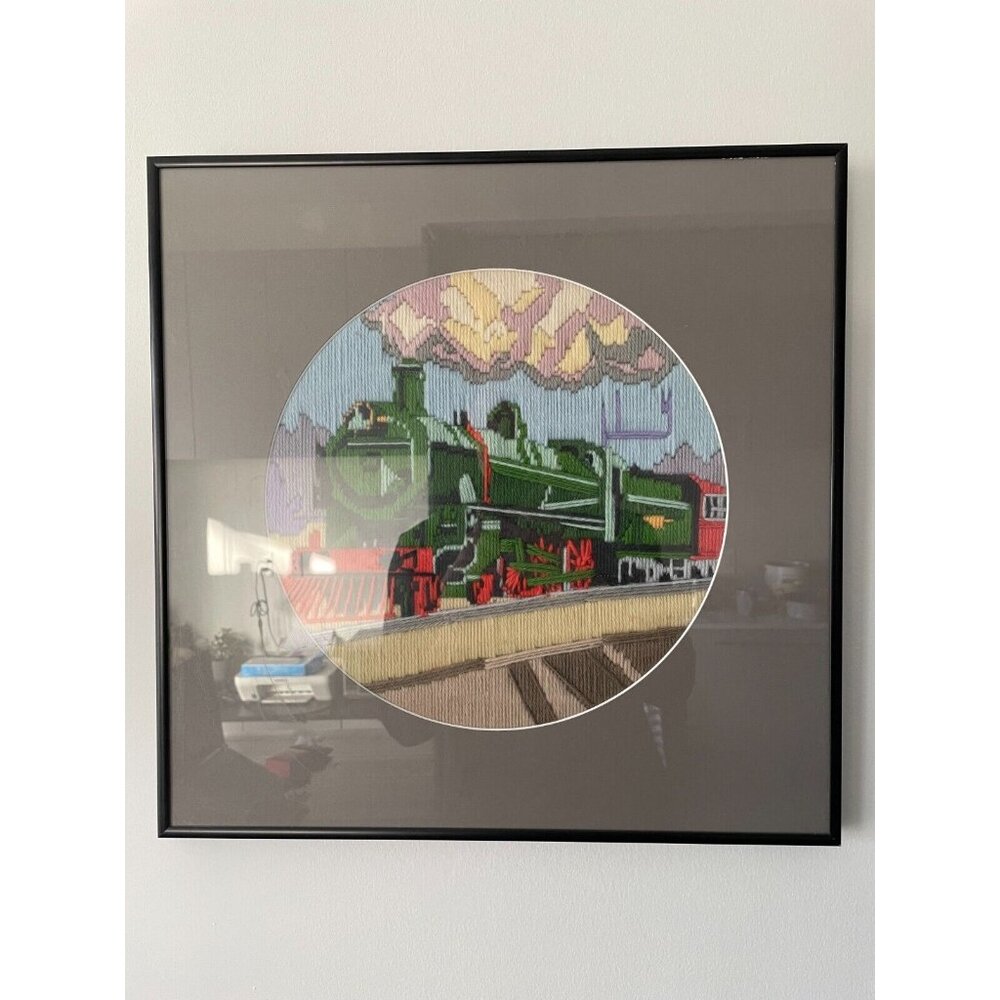 vintage needlepoint tapestry wall hanging trains